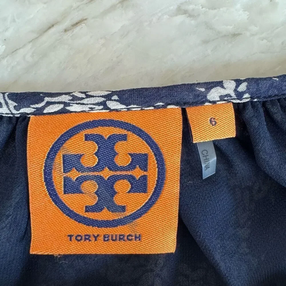 TORY BURCH 100% silk Floral Print blouse with Semi See Through Long Sleeve Sz 6